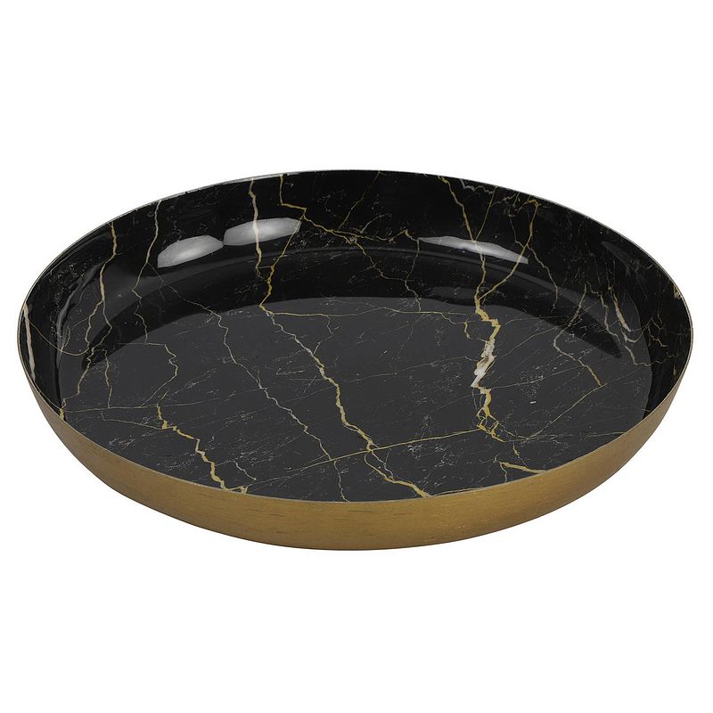 Foto van Dienblad/serveer tray marble - metaal - zwart/goud - dia 20 cm - dienbladen
