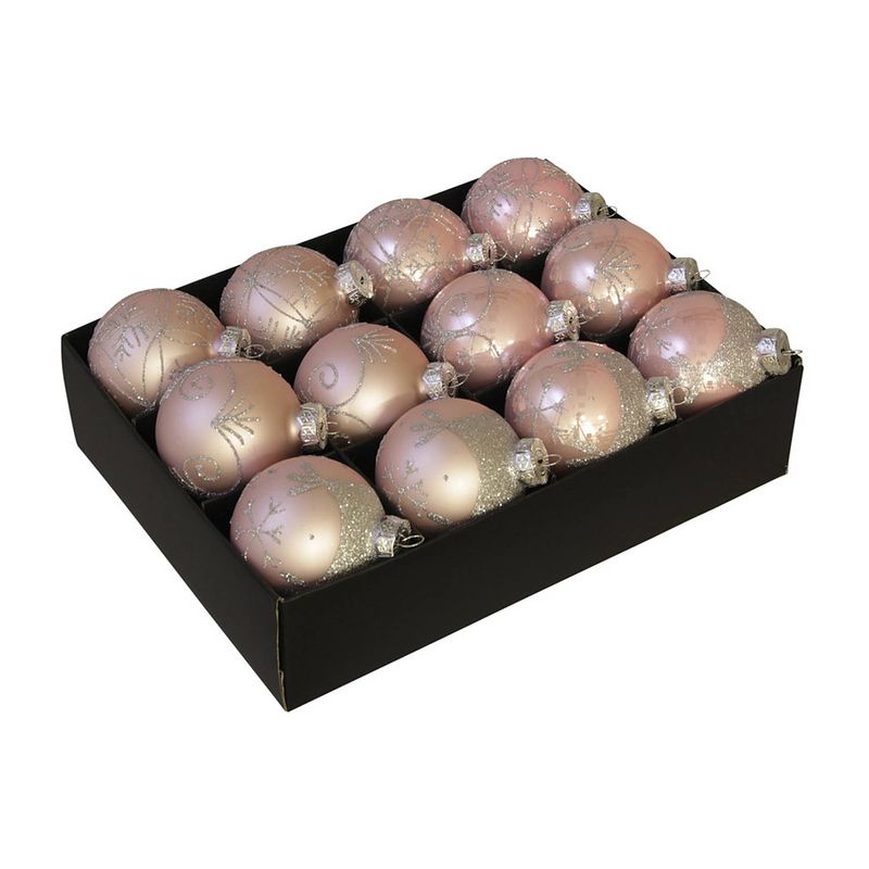 Foto van 12x stuks luxe glazen gedecoreerde kerstballen licht roze 7,5 cm - kerstbal