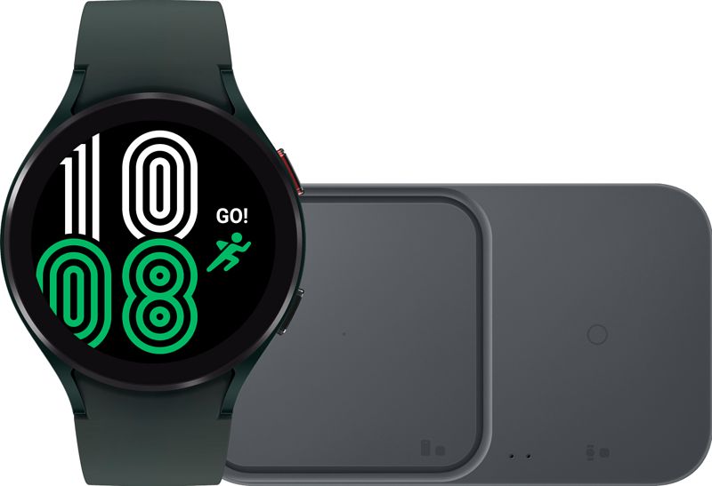 Foto van Samsung galaxy watch4 44 mm groen + duo draadloze oplader 15w zwart