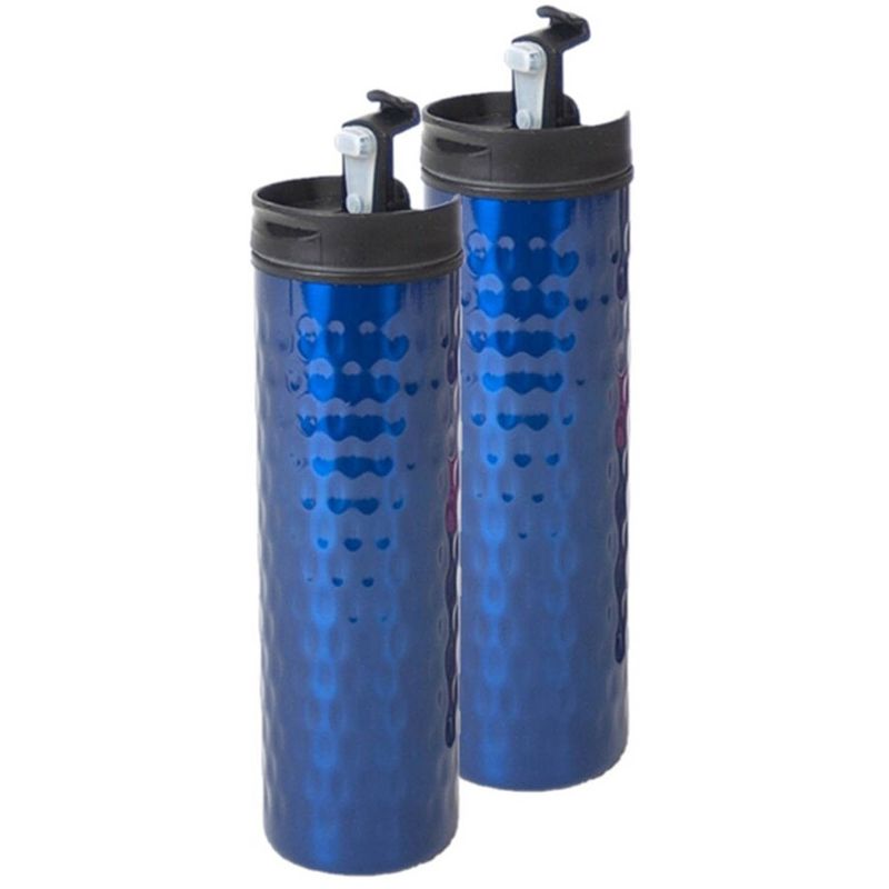 Foto van Set van 2x stuks rvs thermosfles / isoleerfles blauw 400 ml - thermosflessen