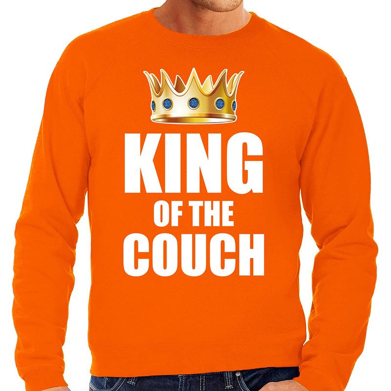 Foto van Kwoningsdag king of the couch sweater / trui voor thuisblijvers tijdens koningsdag oranje heren xl - feesttruien