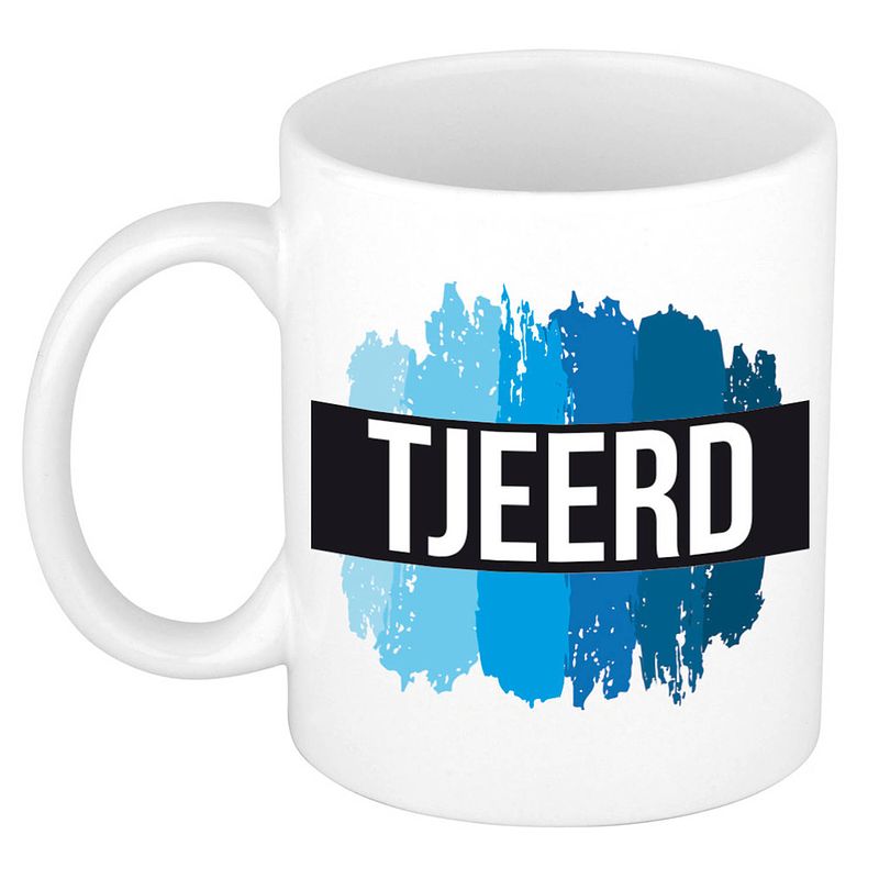 Foto van Naam cadeau mok / beker tjeerd met blauwe verfstrepen 300 ml - naam mokken