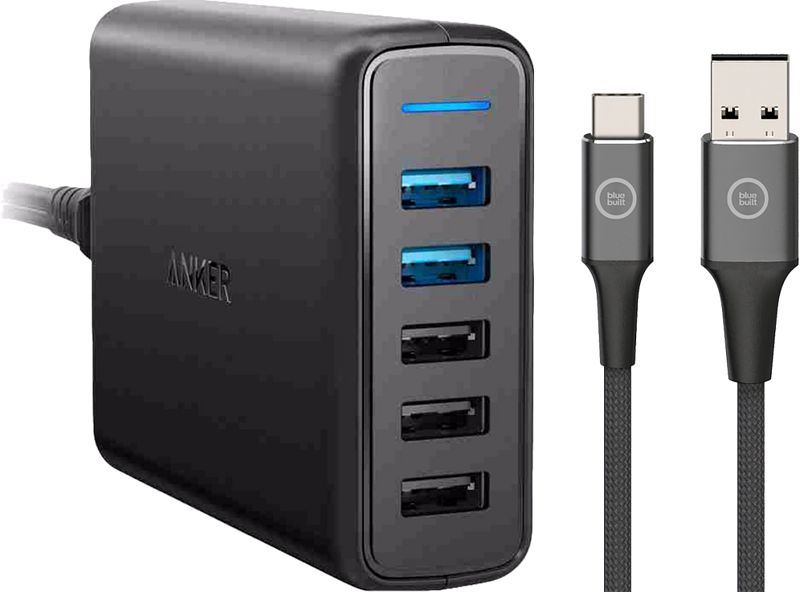 Foto van Anker quick charge oplader met 5 usb poorten 18w + bluebuilt usb c kabel 1,5m nylon zwart