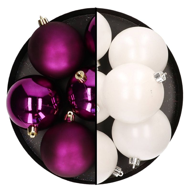 Foto van Decoris kerstballen - 12x st - 8 cm - wit en paars - kunststof - kerstbal