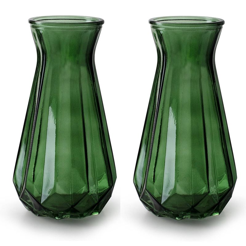 Foto van 2x stuks bloemenvazen - groen/transparant glas - h15 x d10 cm - vazen