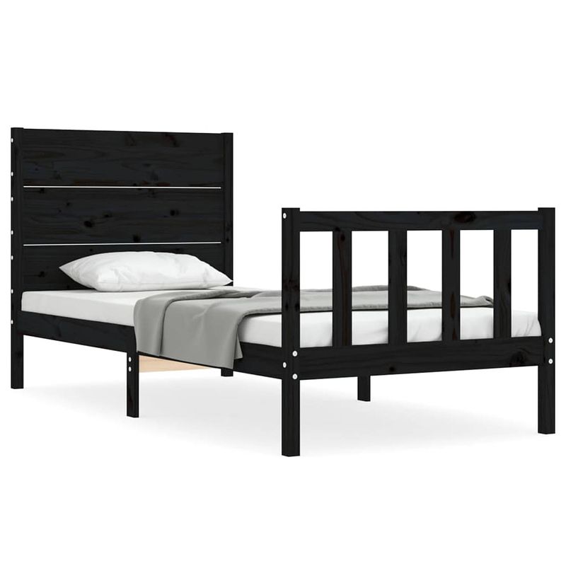 Foto van The living store massief grenenhouten bedframe - 195.5 x 80.5 x 100 cm - zwart - 75 x 190 cm (2ft6) - multiplex