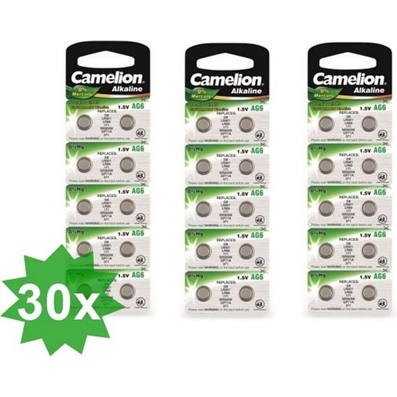 Foto van Camelion ag6 / 371 / 370 / sr 920 sw / g6 1.5v knoopcel batterij - 30 stuks (3 blisters a 10st)