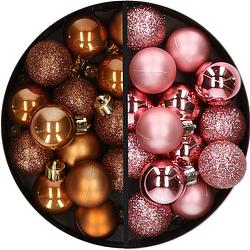 Foto van 28x stuks kleine kunststof kerstballen roze en bruin 3 cm - kerstbal