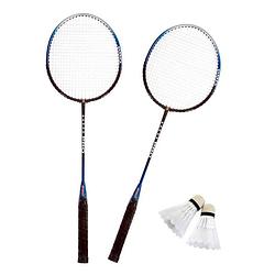 Foto van Badminton set zilver/blauw met 2 shuttles en opbergtas - badmintonsets