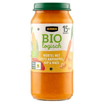 Foto van Jumbo biologisch wortel met zoete aardappel, kip & mais 15+ maanden 250g