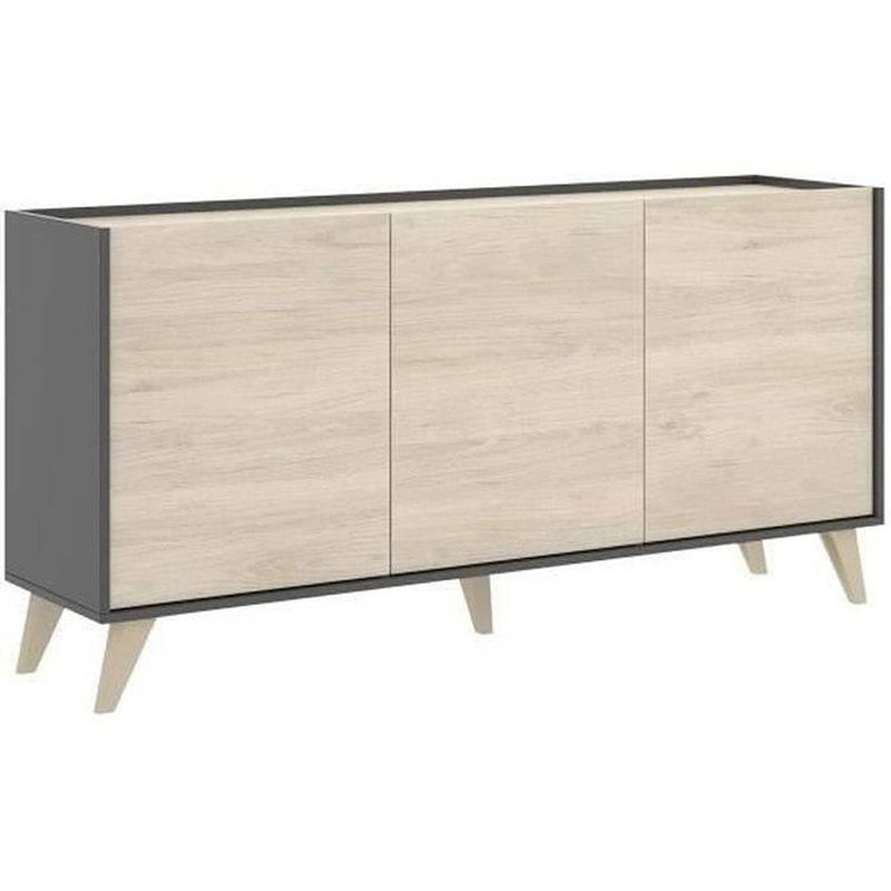 Foto van Dressoir - spaanplaat - licht hout en grafiet - 3 deuren - ness - b 155 x d 43 x h 75 cm