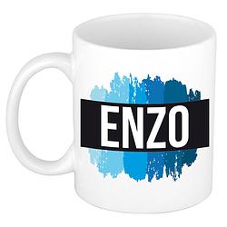 Foto van Naam cadeau mok / beker enzo met blauwe verfstrepen 300 ml - naam mokken