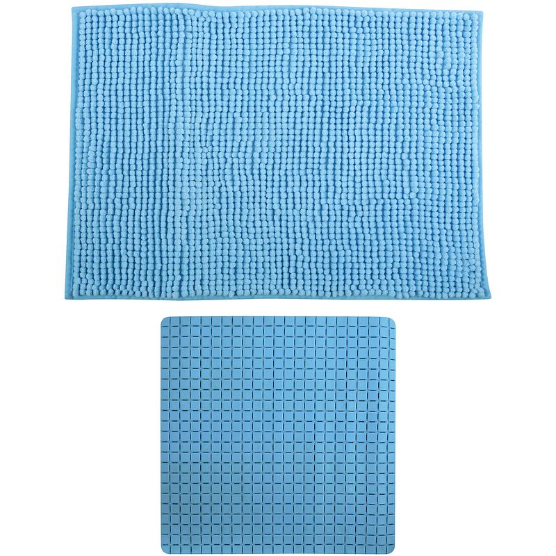 Foto van Msv douche anti-slip mat en droogloop mat - sevilla badkamer set - rubber/microvezel - lichtblauw - badmatjes