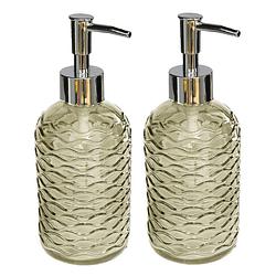 Foto van 2x stuks zeeppompjes/zeepdispensers honinggeel kleur glas 410 ml - zeeppompjes