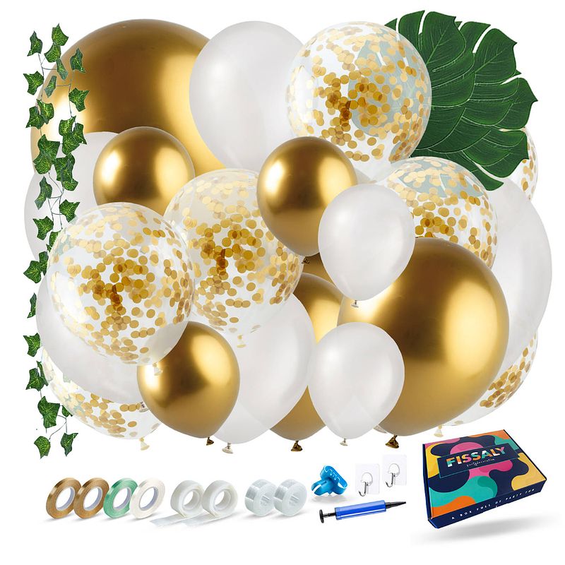 Foto van Fissaly® ballonnenboog wit, goud & groen - ballonboog feest decoratie versiering - verjaardag ballonnen boog