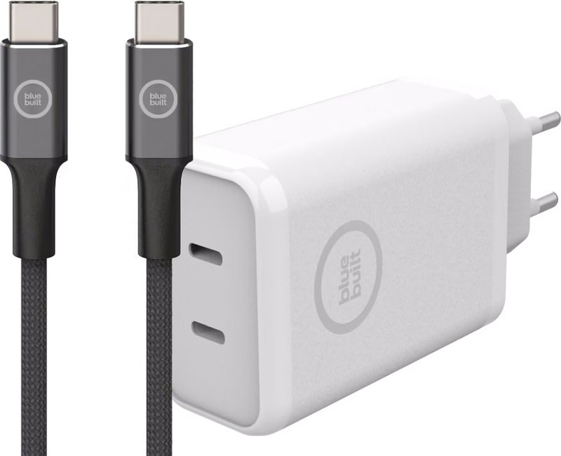 Foto van Bluebuilt power delivery oplader 45w wit + usb c kabel nylon zwart 3m