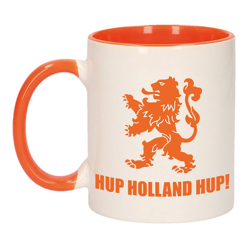 Foto van Hup holland hup met leeuw mok/ beker oranje wit 300 ml - feest mokken