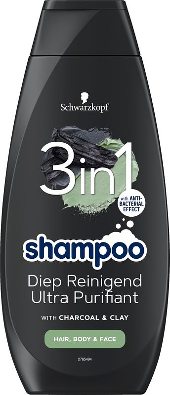 Foto van Schwarzkopf shampoo men 3 in 1 cleansing 400ml, voor haar, lichaam & gezicht bij jumbo