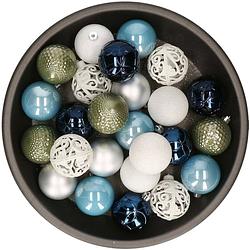 Foto van Kerstballen 37x stuks wit/groen/zilver/blauw kunststof 6cm - kerstbal