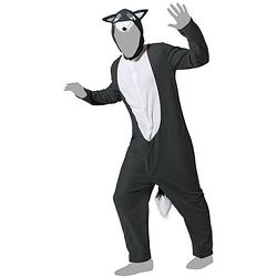 Foto van Grijze wolf dieren verkleedkleding onesie voor volwassenen m/l (38-40) - carnavalskostuums