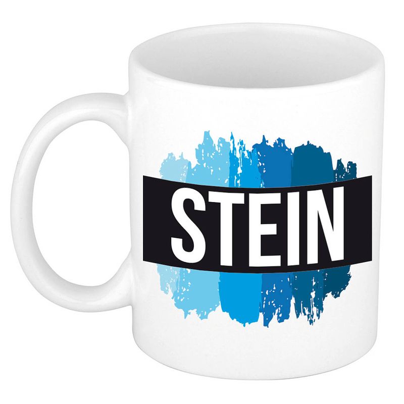 Foto van Naam cadeau mok / beker stein met blauwe verfstrepen 300 ml - naam mokken