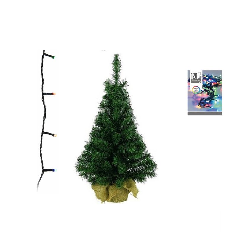 Foto van Groene kunst kerstboom 90 cm inclusief gekleurde kerstverlichting