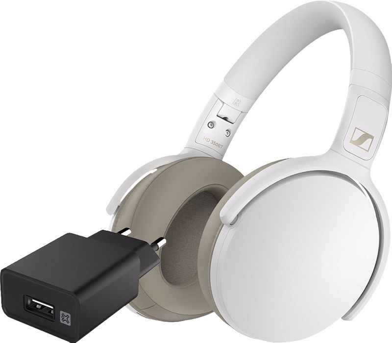 Foto van Sennheiser hd350bt wit + xtrememac oplader met usb a poort 12w