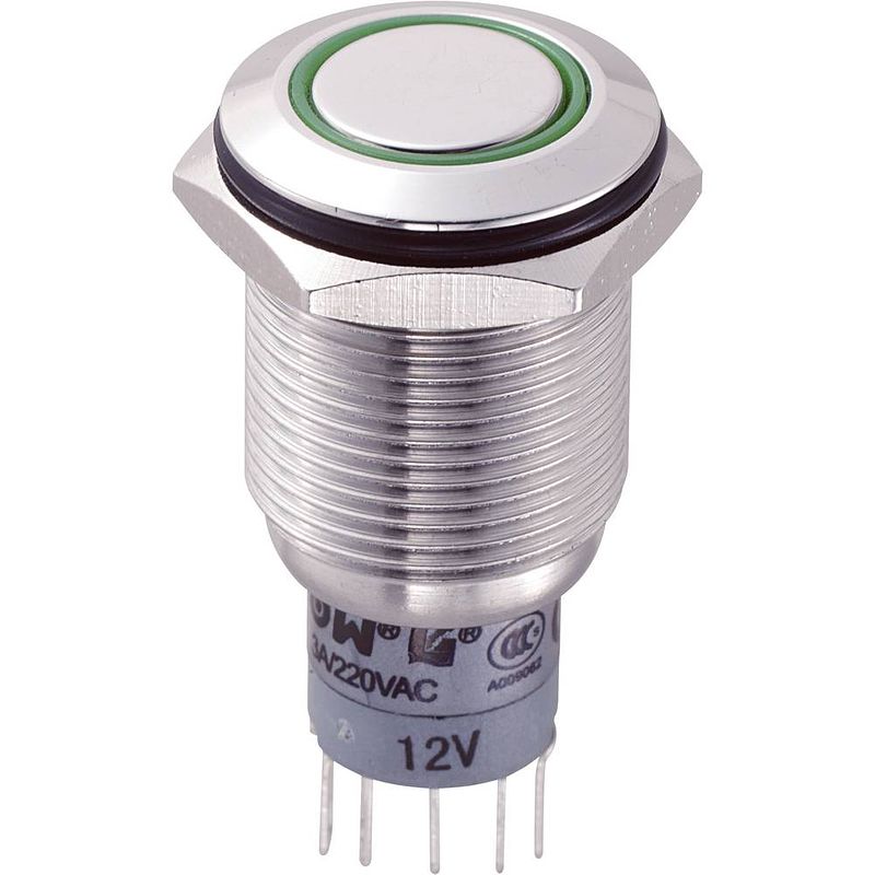 Foto van Tru components 701833 las2gqf-22e/g/12v/s/p vandalismebestendige druktoets 250 v/ac 3 a 2x aan/(aan) moment groen 1 stuk(s)