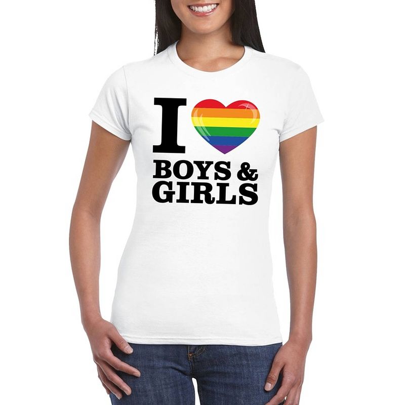 Foto van I love boys & girls regenboog t-shirt wit dames l - feestshirts