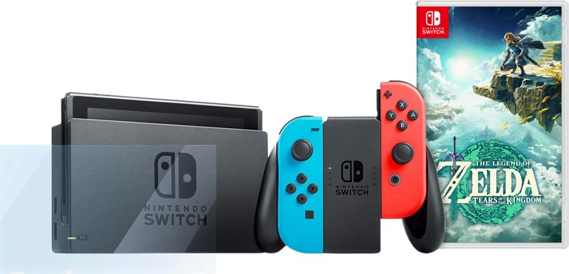 Foto van Nintendo switch rood/blauw + zelda tears of the kingdom + bluebuilt screenprotector