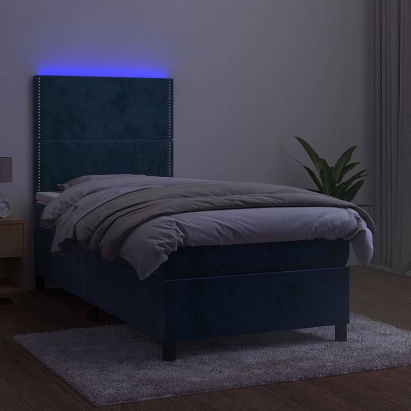 Foto van The living store boxspring donkerblauw fluweel 203x100x118/128cm - verstelbaar hoofdbord - led-verlichting -