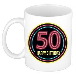 Foto van Bellatio decorations verjaardag mok / beker - happy birthday 50 jaar - neon - 300 ml - feest mokken