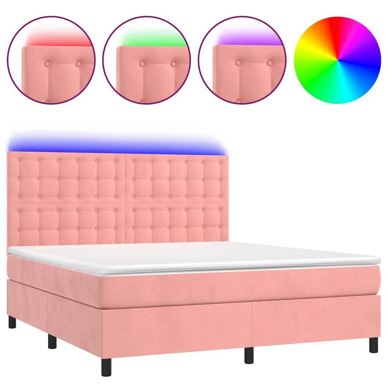 Foto van The living store bed - fluweel - roze - 160x200 cm - met led-verlichting