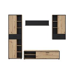 Foto van Tadashi gesuspendeerde wand -tv -kast: 1 kolom + tv -kast + 2 etages - zwart en eiken decor - l259 x d40 x h200 cm