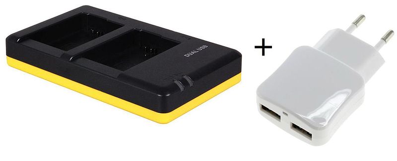 Foto van Duo lader voor 2 camera-accu's sony np-fw50 + handige 2 poorts usb 230v adapter