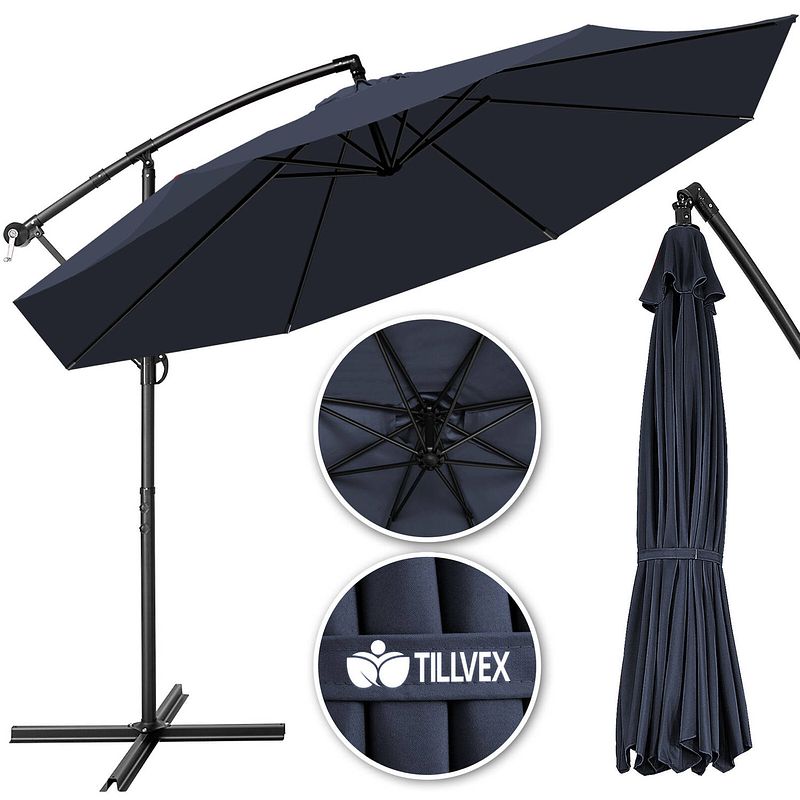 Foto van Tillvex parasol ø 3m donkerblauw -zweefparasol -hangparasol- vrijhangende parasol- tuinparasol- slinger-balkon- alumi...