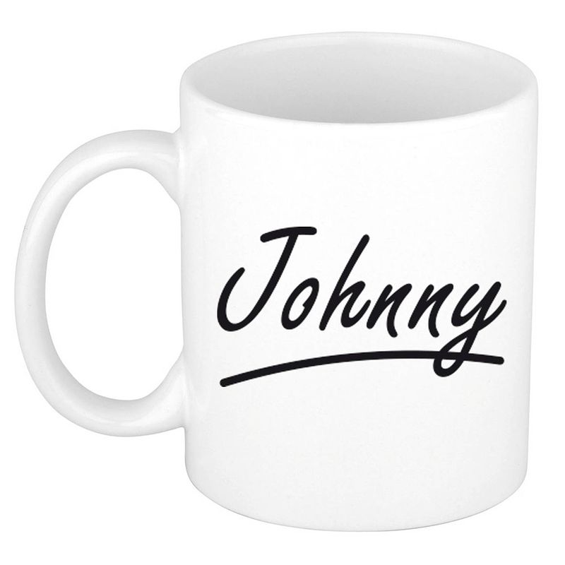 Foto van Naam cadeau mok / beker johnny met sierlijke letters 300 ml - naam mokken