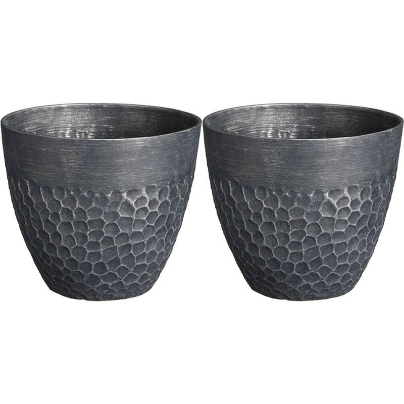 Foto van Mica decorations plantenpot bravo - 2x - kunststof - buiten/binnen - zwart - d30 x h26 cm - plantenpotten