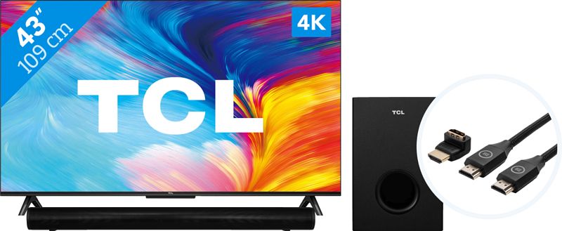 Foto van Tcl 43p635 (2022) + soundbar + hdmi kabel