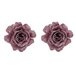 Foto van 2x stuks decoratie bloemen roos roze glitter op clip 10 cm - kersthangers