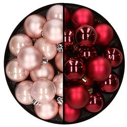 Foto van 32x stuks kunststof kerstballen mix van lichtroze en donkerrood 4 cm - kerstbal