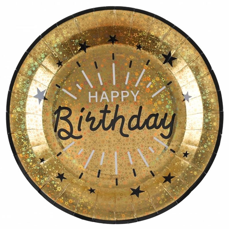 Foto van Verjaardag feest bordjes happy birthday - 10x - goud - karton - 22 cm - rond - feestbordjes