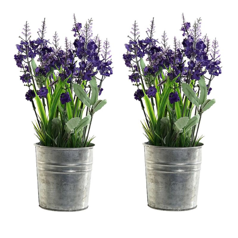 Foto van 2x stuks lavendel kunstplanten/kamerplanten paars in grijze sierpot h28 cm x d18 cm - kunstplanten