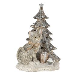 Foto van Clayre & eef kerstdecoratie beeld kat 12*9*16 cm led grijs wit kunststof decoratief figuur decoratieve accessoires