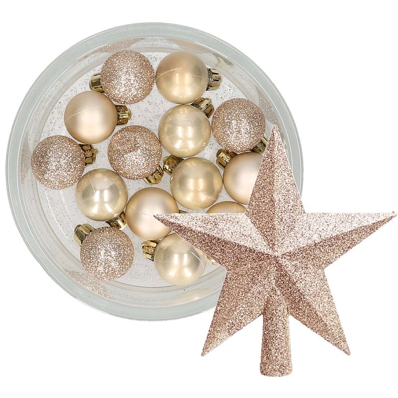 Foto van Decoris 14x stuks kerstballen 3 cm met ster piek champagne kunststof - kerstbal