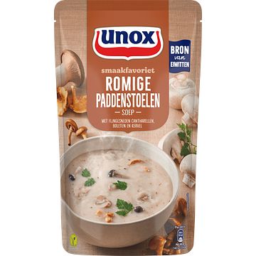 Foto van 2 zakken soep a 570 ml, pakken cupasoup a 3 stuks of single verpakkingen noodles of pasta | unox smaakfavoriet soep in zak romige paddenstoelen 570ml aanbieding bij jumbo