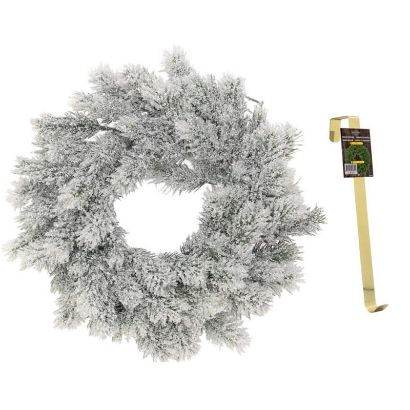 Foto van Kunst kerstkrans groen/sneeuw 35 cm met gouden hanger - kerstkransen