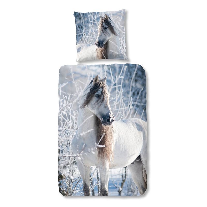 Foto van Good morning white horse flanel dekbedovertrek - 1-persoons (140x200/220 cm + 1 sloop)