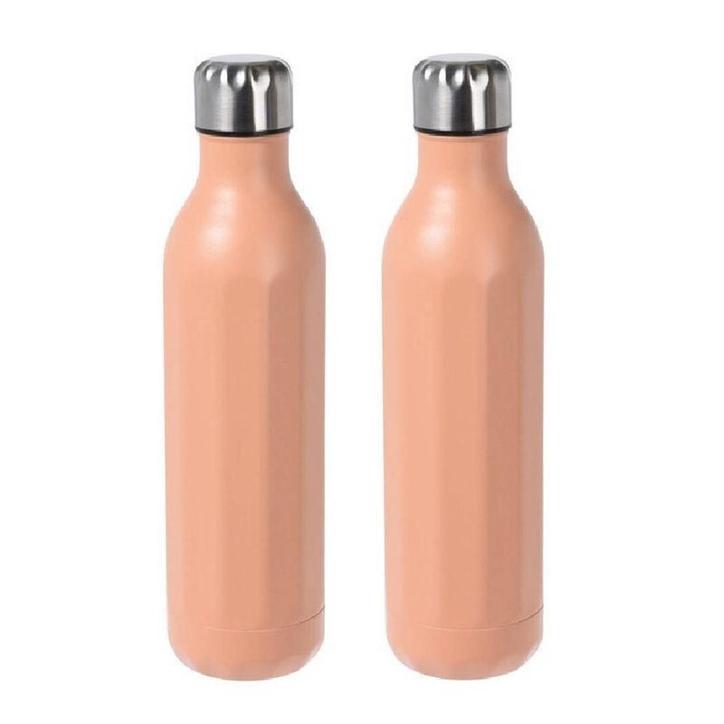 Foto van 2x stuks rvs thermosflessen / isoleerflessen voor onderweg 500 ml pastel oranje - thermosflessen