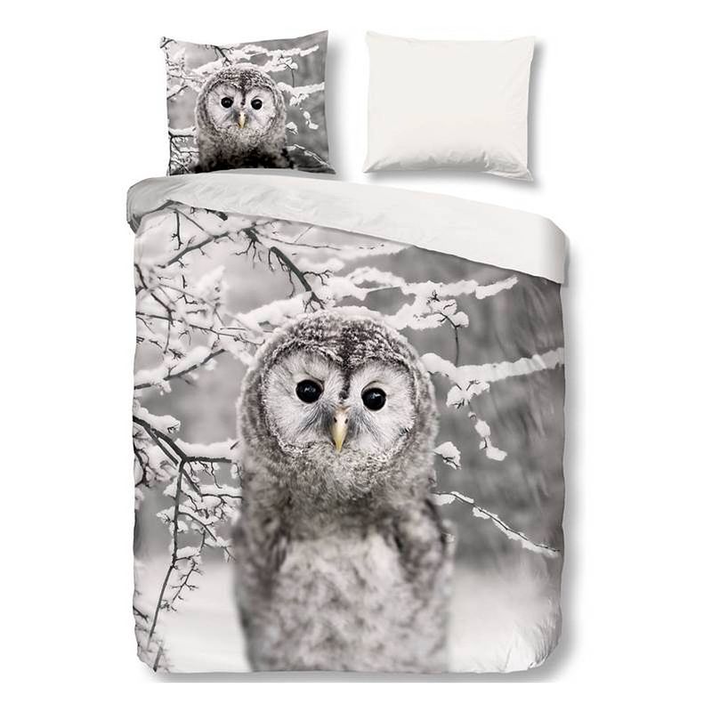 Foto van Good morning owl flanel dekbedovertrek - 2-persoons (200x200/220 cm + 2 slopen) - flanel - grijs